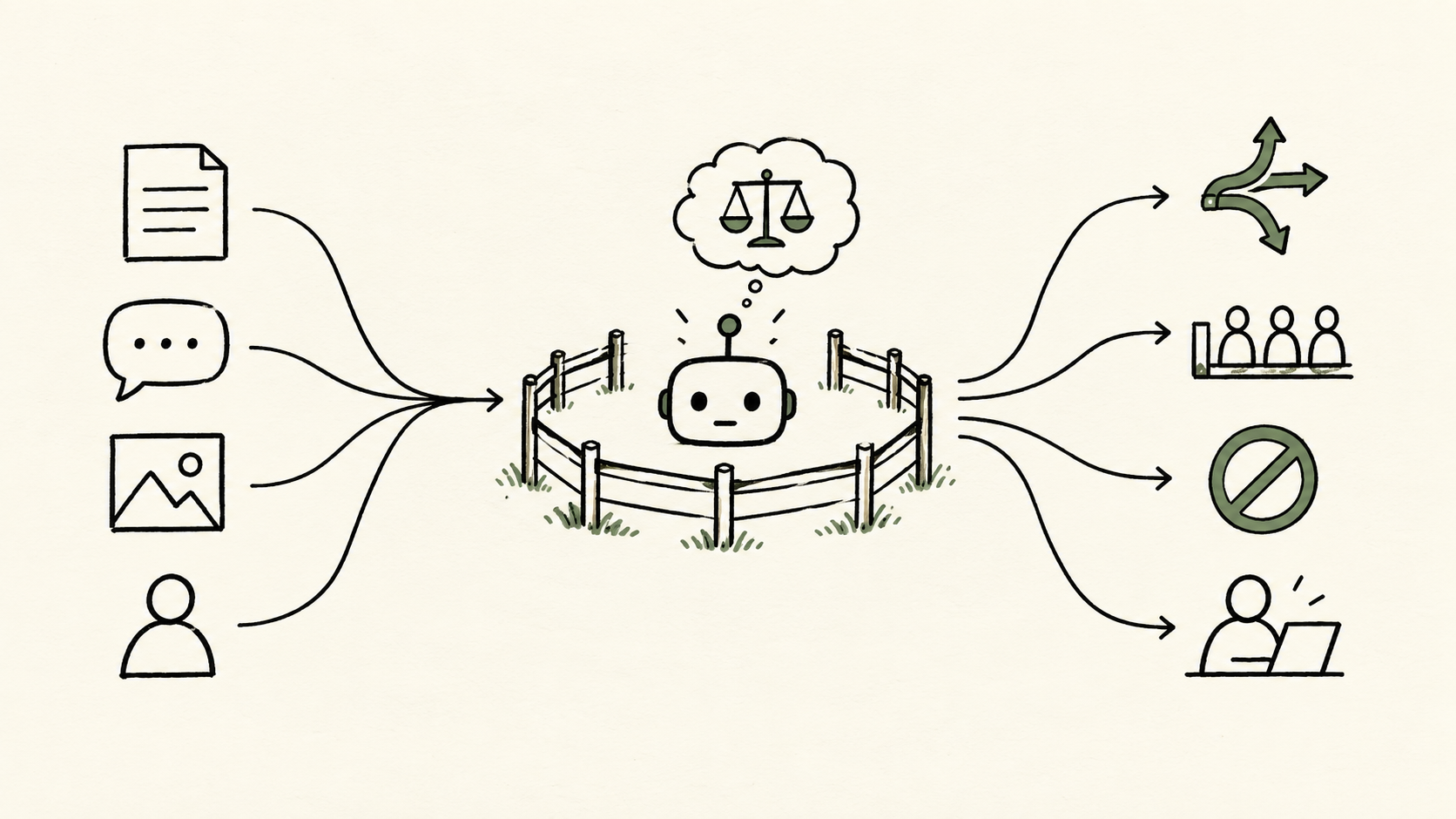 Jev sits inside a fenced system boundary while the application owns route, queue, block, and review actions
